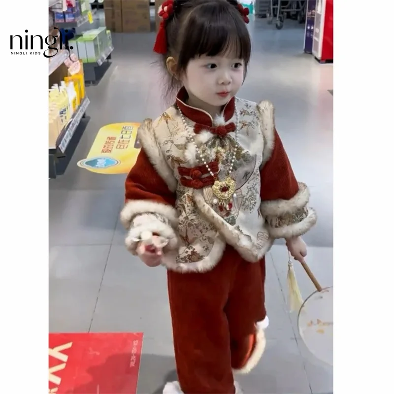 

New Year Clothes Girls Autumn and Winter Set Children's Winter Clothing Hanfu Fleece-lined National Style New Chinese Baby Chine