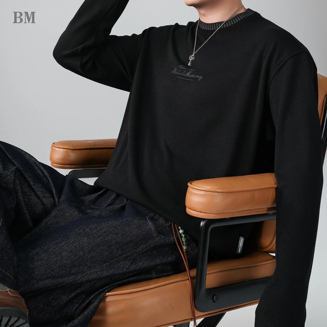 Mens Knit Long Sleeve T Shirt Letter Embroidery Plus Size Loose Crew Neck Pullover Undershirt Trendy Spring Autumn Tops Male