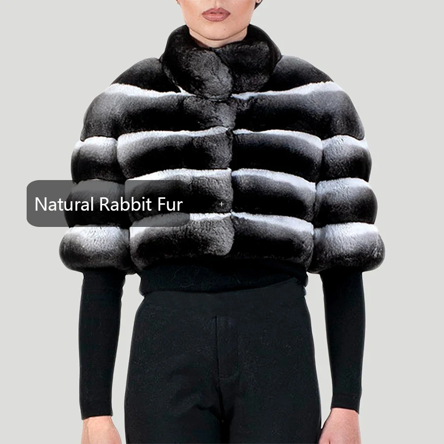 Abrigo de piel de conejo Rex auténtica, chaqueta de invierno para mujer, Bolero de conejo Rex Horizontal con mangas recortadas, abrigos de piel de conejo de lujo