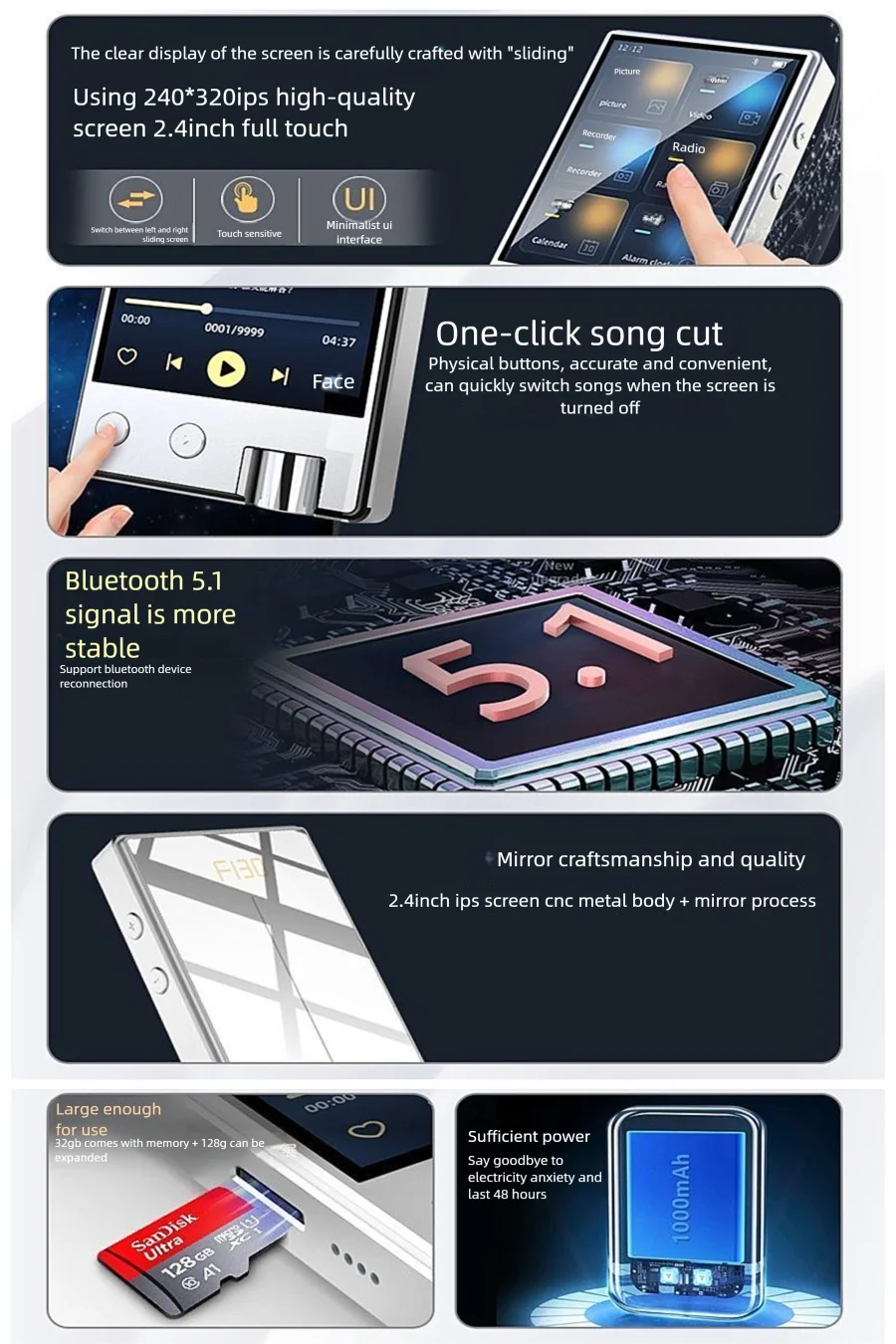 (32GB+128GB) Metal Bluetooth MP3 Player 2.4" IPS Touch Screen Type-C HiFi Lossless MP4 Walkman with Speaker Voice Recorder 2025