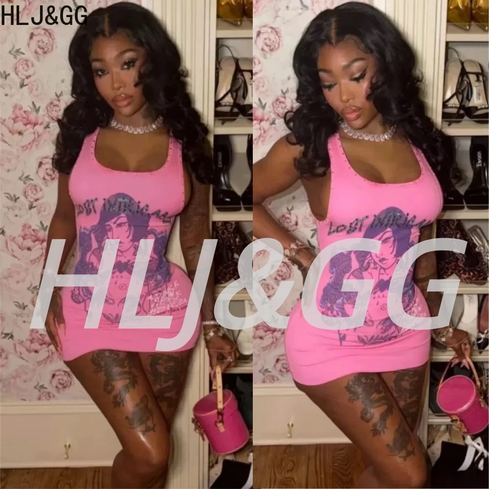 HLJ&GG Pink Sexy Letter Pattern Print Bodycon Mini Dress Women Spaghetti Strap Sleeveless Slim Vestidos Fashion Hot Girl Street