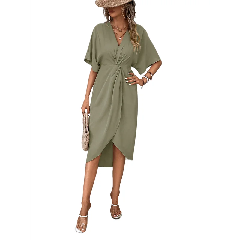 

【Party-Decoration】Short Sleeve Dresses For Women V Neck Pleated Slim Fit Flowy Swing Shift Irregular Midi Dress