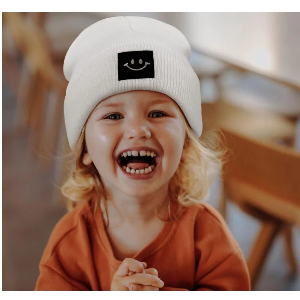 

Parent-child Winter Knitted Hat Warm Skullcap Happy Face Patch Beanie Children Bonnet Dad Mom Kids Crochet Hat Boy Girl Bonnet