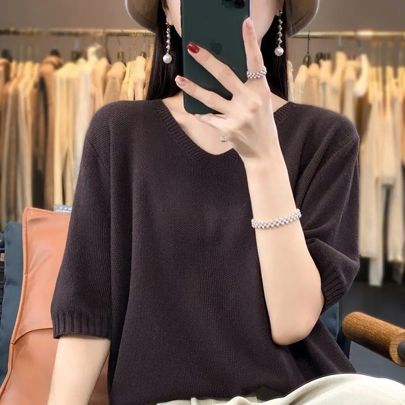 Temperament Fashion Summer New Thin Style Sweaters Women's V-Neck Solid Simplicity Office Lady Loose Half Sleeve Knitting Tops