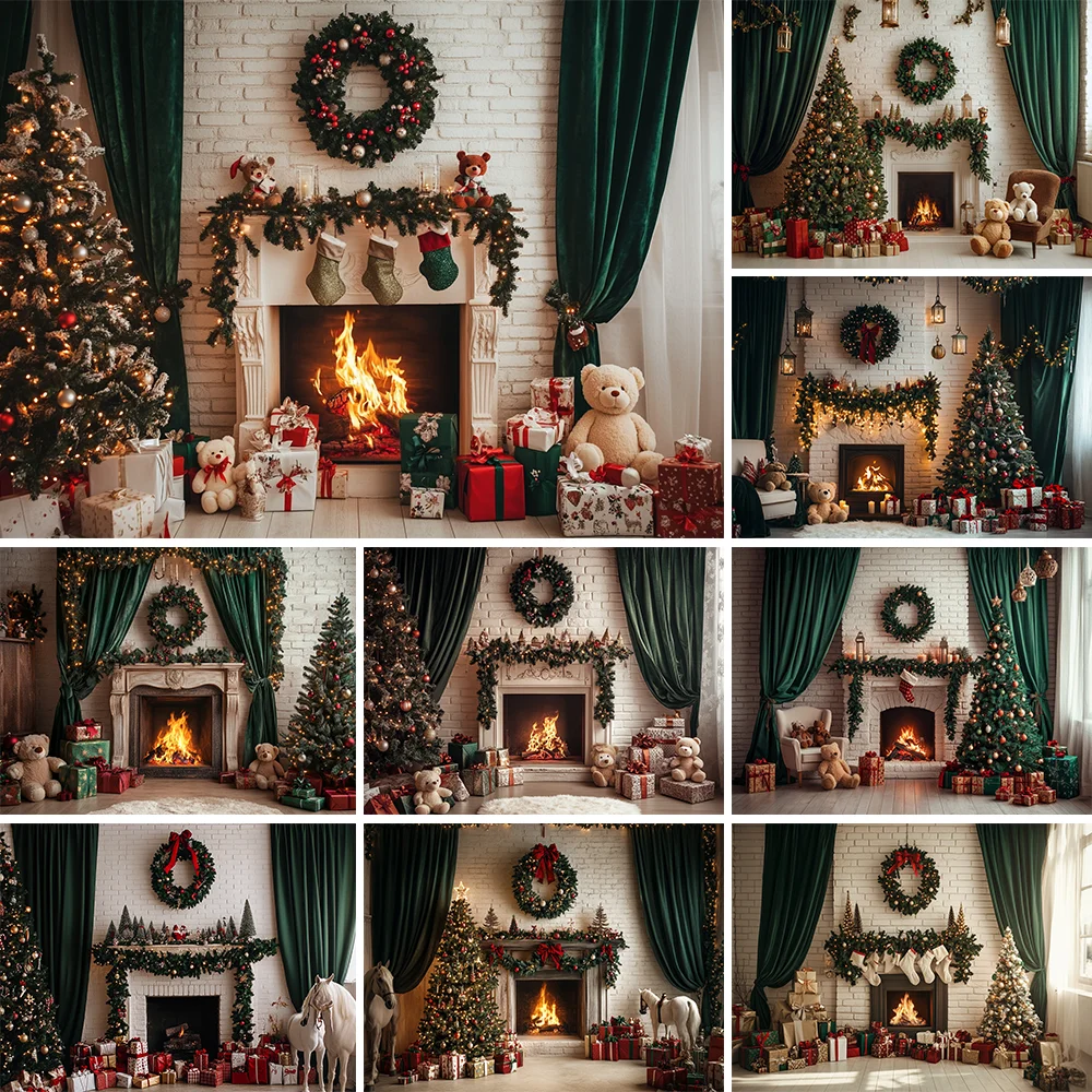 

Vintage Christmas Fireplace Background Photography Green Curtains Wreath Xmas Tree Gifts Room Backdrop Kid Winter Birthday Photo