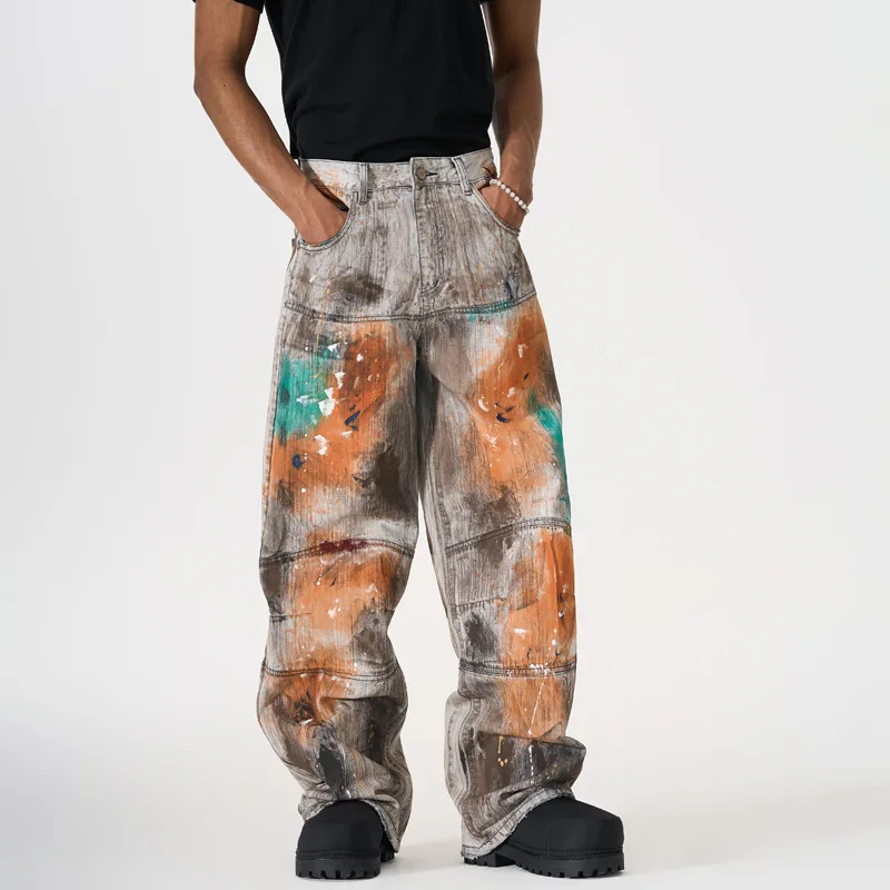 Retro American Style Spliced Vintage Dyeing Graffiti Wide Leg Jeans Men Loose Straight Cut Denim Pants Trendy Casual Trousers
