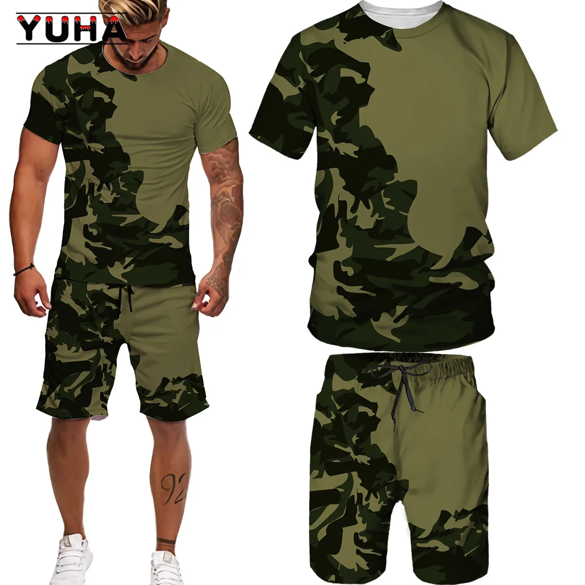 YUHA 2022 Summer Camouflage Tees/Shorts/Suits Men's T Shirt Shorts Tracksuit Sport Style Outdoor Camping Hunting Casual Mens Clo