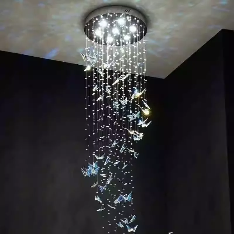 

Modern Luxury Butterfly K9 Crystal Chandelier Long Pendant Light for Staircase Hotel Lobby Attic and Living Room Decoration