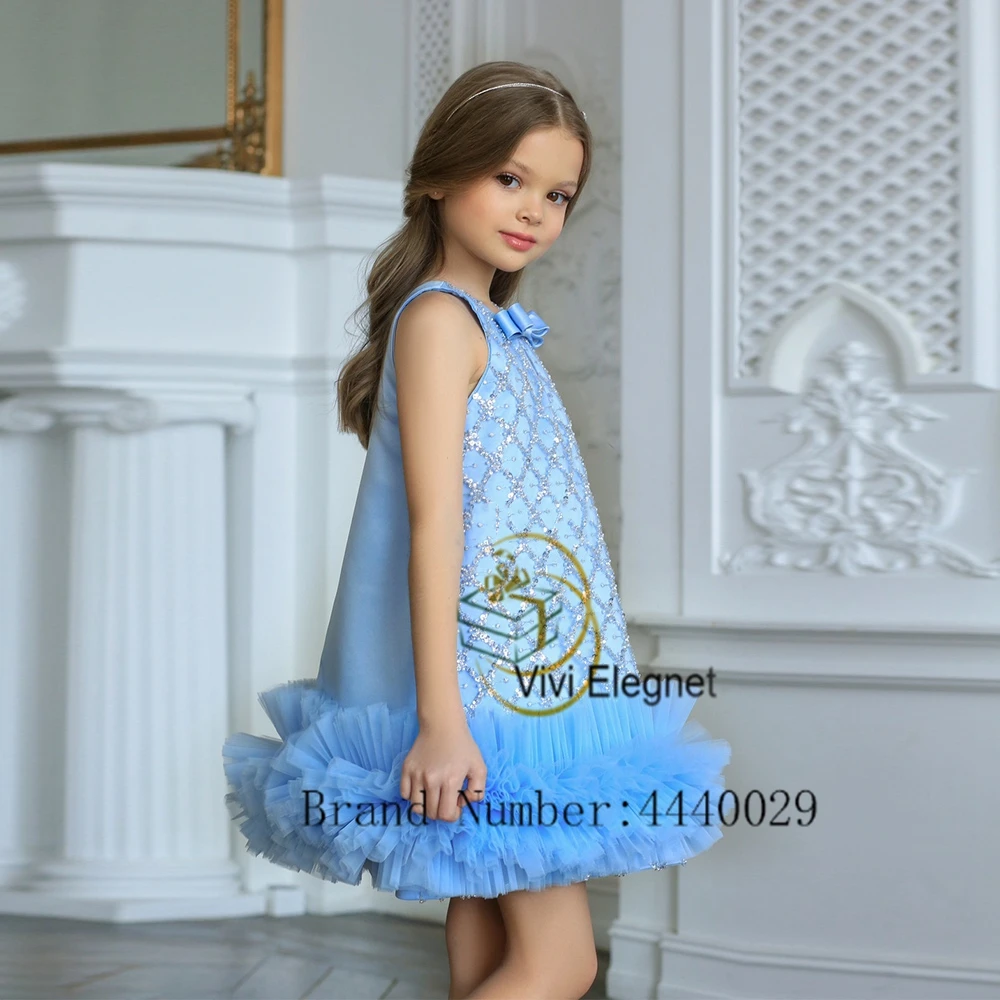 Blue Sleeveless Flower Girl Dresses with Sequined Knee Length Bow Sheath Wedding Party Gowns Soft Tulle فساتين اطفال للعيد