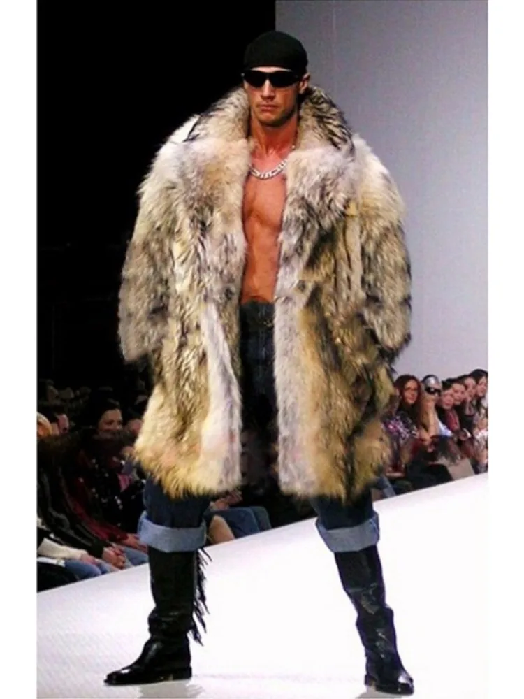 

Luxury High Quality Winter Men's Fur Coat Imitation Raccoon Fur Long Coat Thickened Warm Suit Collar Artificial Fur Jacket New