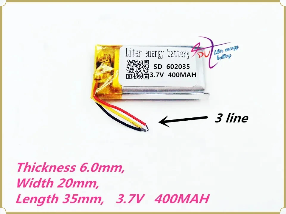 Batteria al Litio 3 Fili 602035 062035 400mAh per Auto, Produttori di Batterie al Litio Polimero 3.7V per WiFi, MP3, MP4, Lettori di Storie