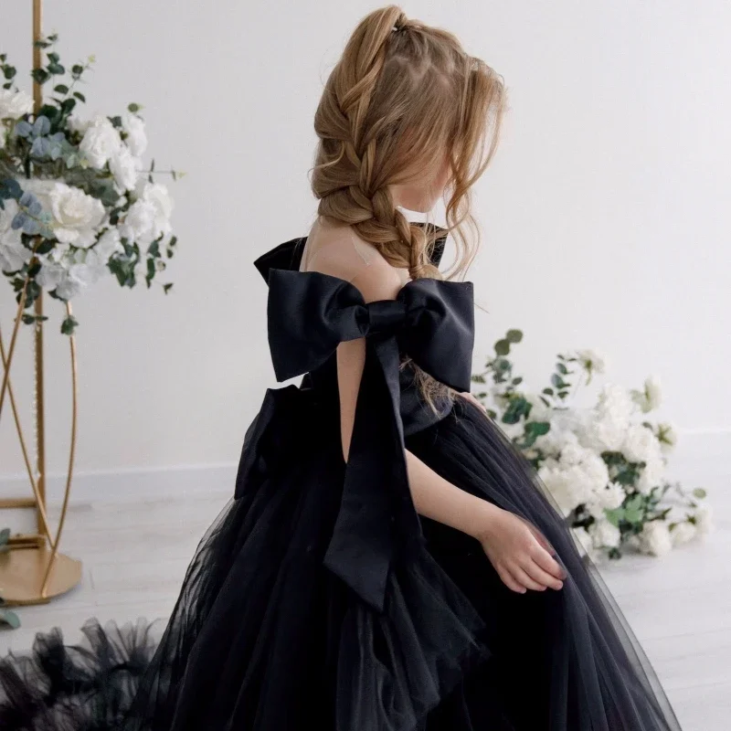 Robe de demoiselle d'honneur élégante noire personnalisée pour mariage avec nœud, longueur au sol en fibre, fête d'anniversaire pour enfants, boule de princesse, quoi que ce soit