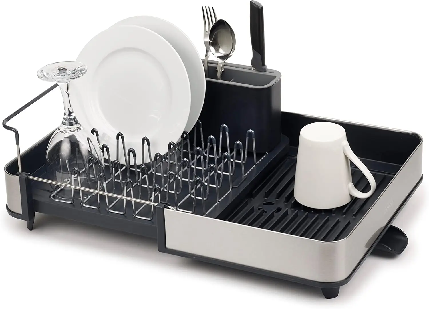 

Extendable Dish Drying Rack with Dual Parts - Stainless Steel, Non-Scratch, Movable Utensil Drainer & Drainage Spout, Gray