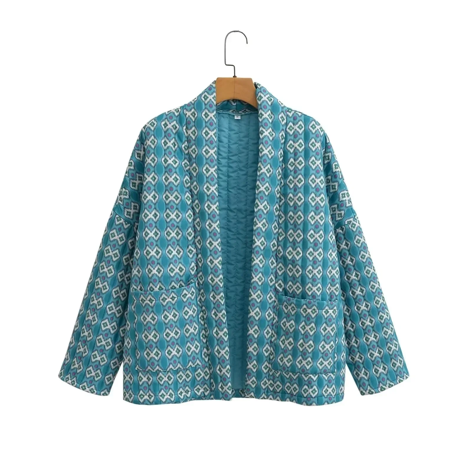 New Women's Buttonless Pocket Long Sleeved Cotton Jacket, Fashionable and Casual Short Style, Elegant Printed Thin Cotton Jacket