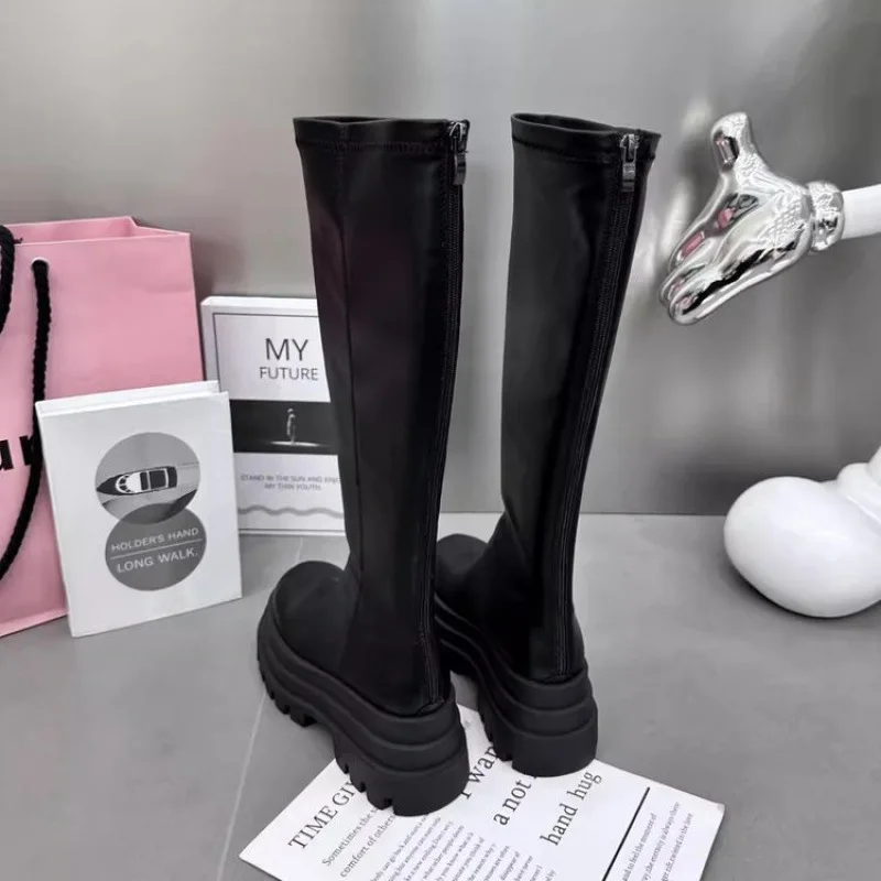 Women Knight High Boots Fashion Back Zippers Ladies Elegant Platform Flats Long Booties Short Plush Women's Footwear