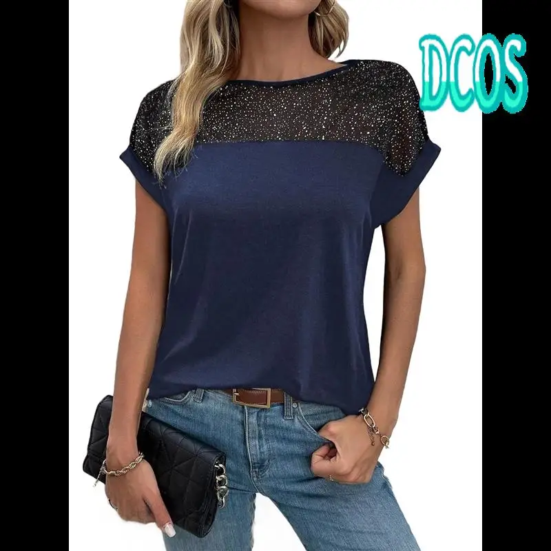 

DCOS-Women's Round Neck Short Sleeve Lace Hollow Out Going Out Work Blouse Top