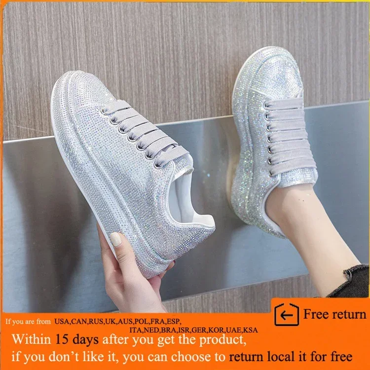 New  Autumn Women Platform Shoes rhinestones Thick-soled White Silver Shoes Shining Crystal Sneakers Trend Casual Sneakers