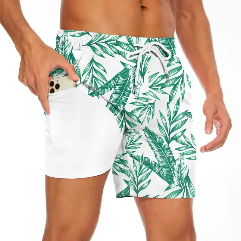 Mens Swim Shorts Quick Dry Beach Board Shorts with Compression Liner Swim Trunks 5 Inch Shorts with Zipper Pockets ﻿