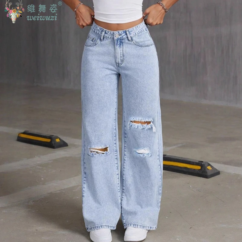 2026 NEW Y2K Women's Ripped JEANS Boyfriend Blue Wide Leg Denim Pants Causal High Waist Pants Fashion Outdoor Denim Trousers