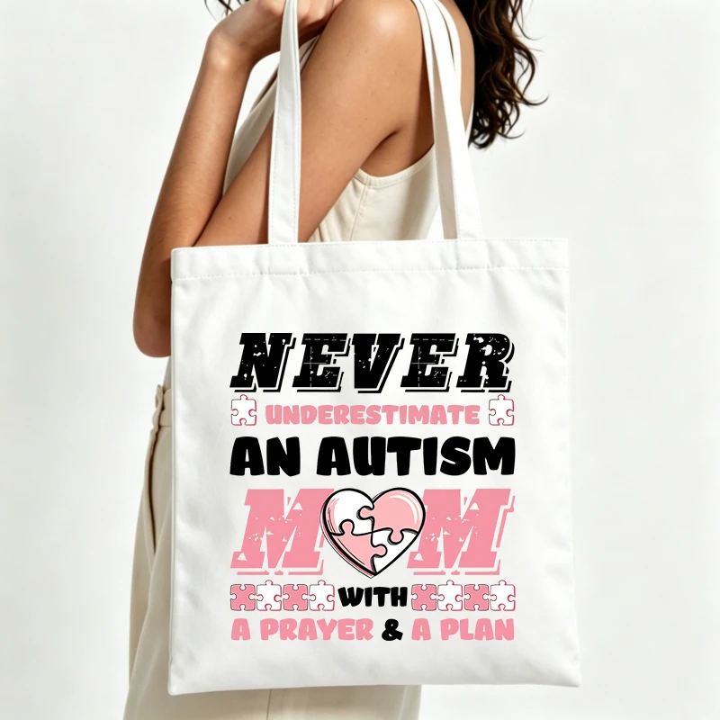 autism awareness slogan print canvas tote bag, casual style for daily use and shopping