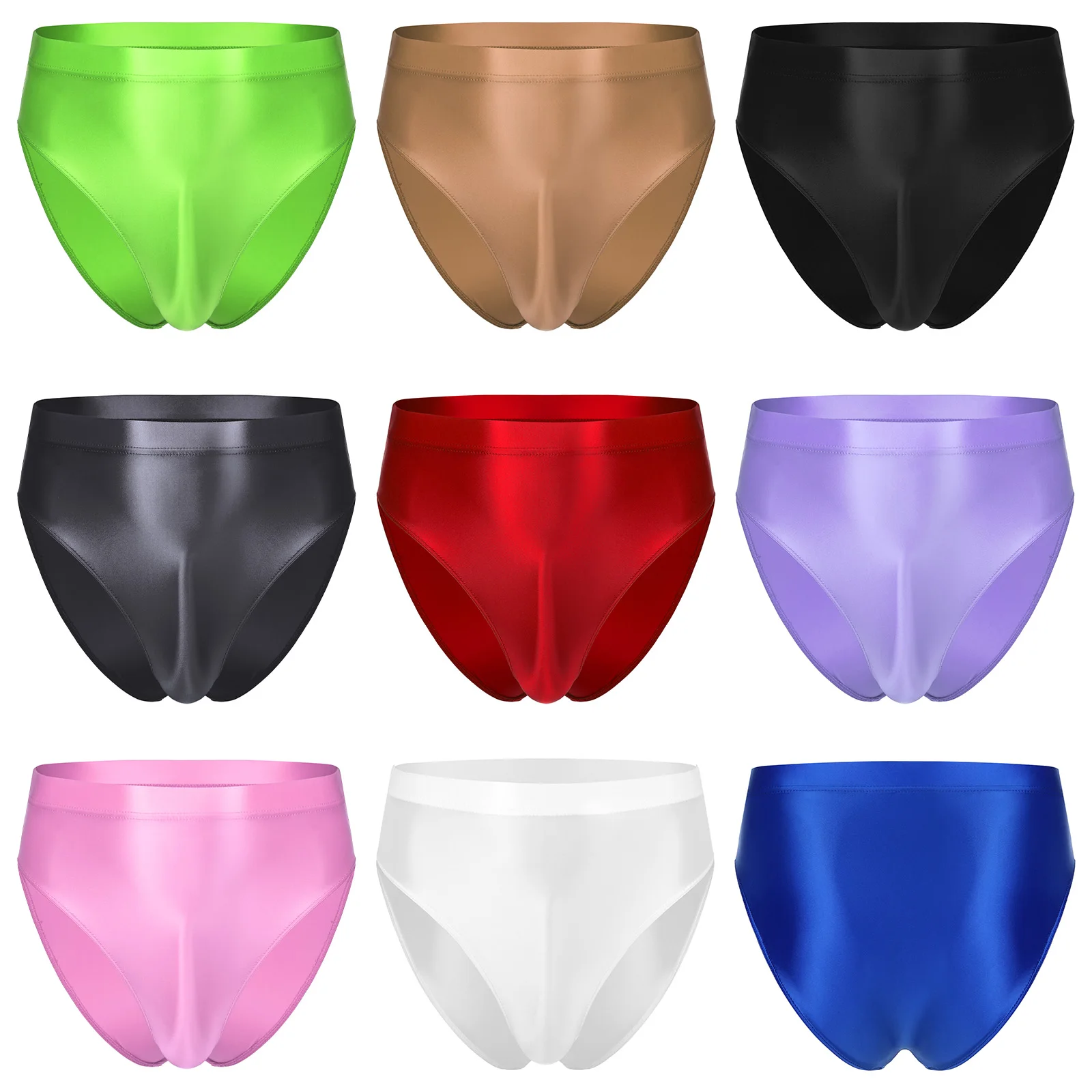 Mens Glossy High Waist Briefs Solid Color Elastic Waistband Sissy Panties Underpants Underwear Hommes Bathing Bottom Swimwear