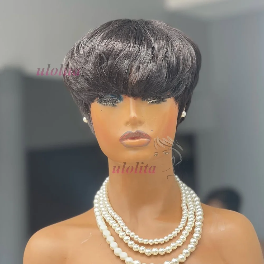 Kurze gerade Bob-Perücke, Pixie-Cut-Perücke aus Echthaar für schwarze Frauen mit Pony, brasilianisches Echthaar, ohne Lace-Front, günstige Perücke, schwarz – Detail 7