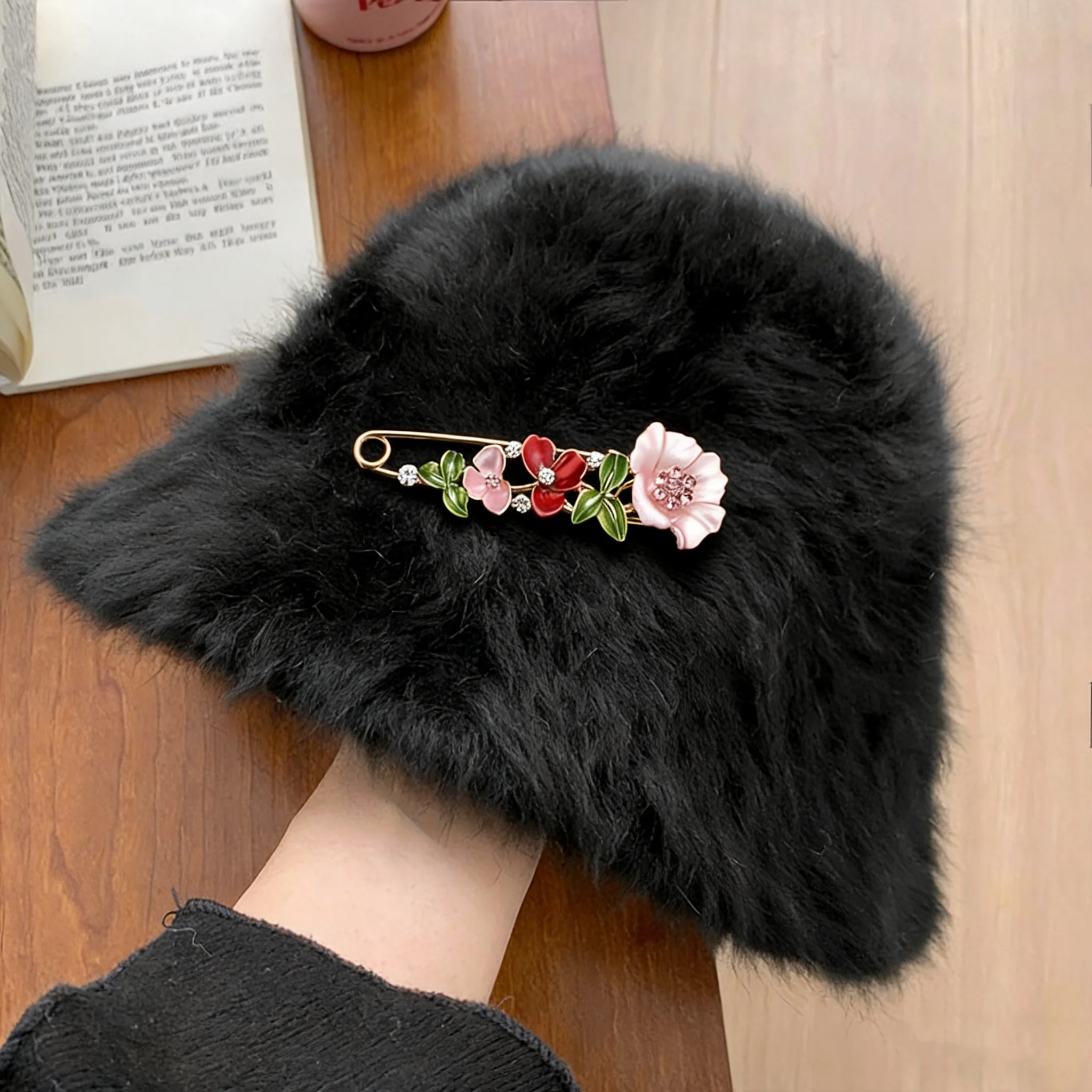 High-End Luxury Black Rabbit Fur Bucket Hat, Exquisite Crystal Flower Brooch Fisherman Cap, Premium Winter Fashion Hat