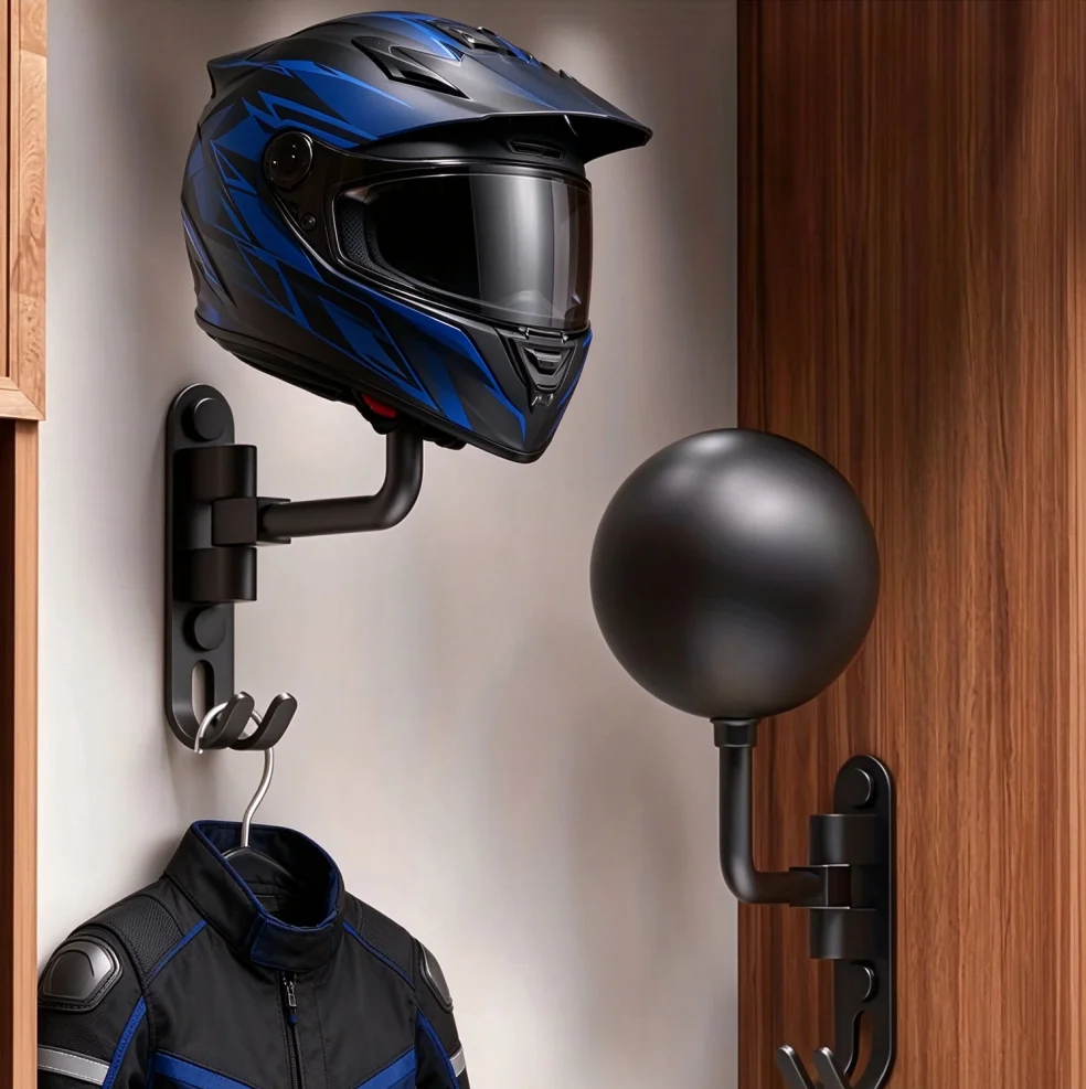 Wall Mounted Motorcycle Helmet Hanger 180 Degree Swivel Helmet Holder, Heavy Duty Metal Storage Rack for Bike Helmet, Riding