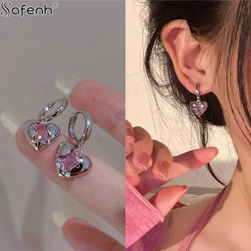 ファッション Y2K ピンクピーチハートドロップペンダントイヤリング女性ガールスウィートクリスタルダングルイヤリング高級宴会ジュエリーギフト 1