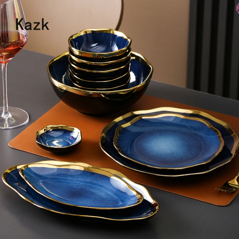 Nordic Blue Glaze Ceramic Dinner Plates and Bowls Creative Irregular Phnom Penh Steak Plate Dessert Snack Dishes Home Tableware