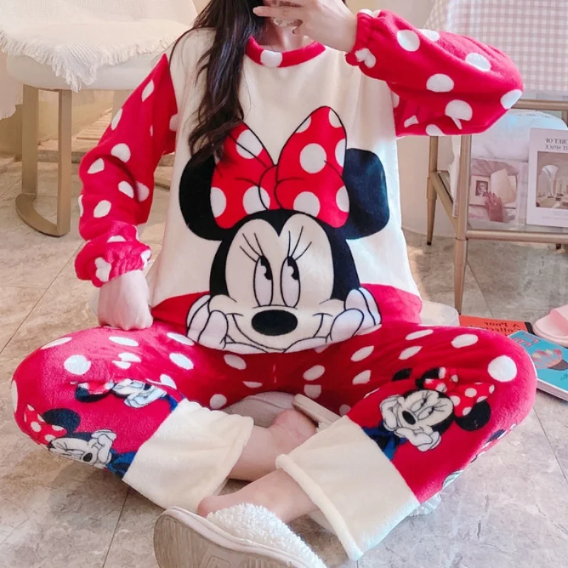 Cartoon Disney Mickey Mouse Women\'s Pajamas Winter Knitted Plush Long Sleeve Pants Two-piece Set Loungewear Hello Kitty Pajamas