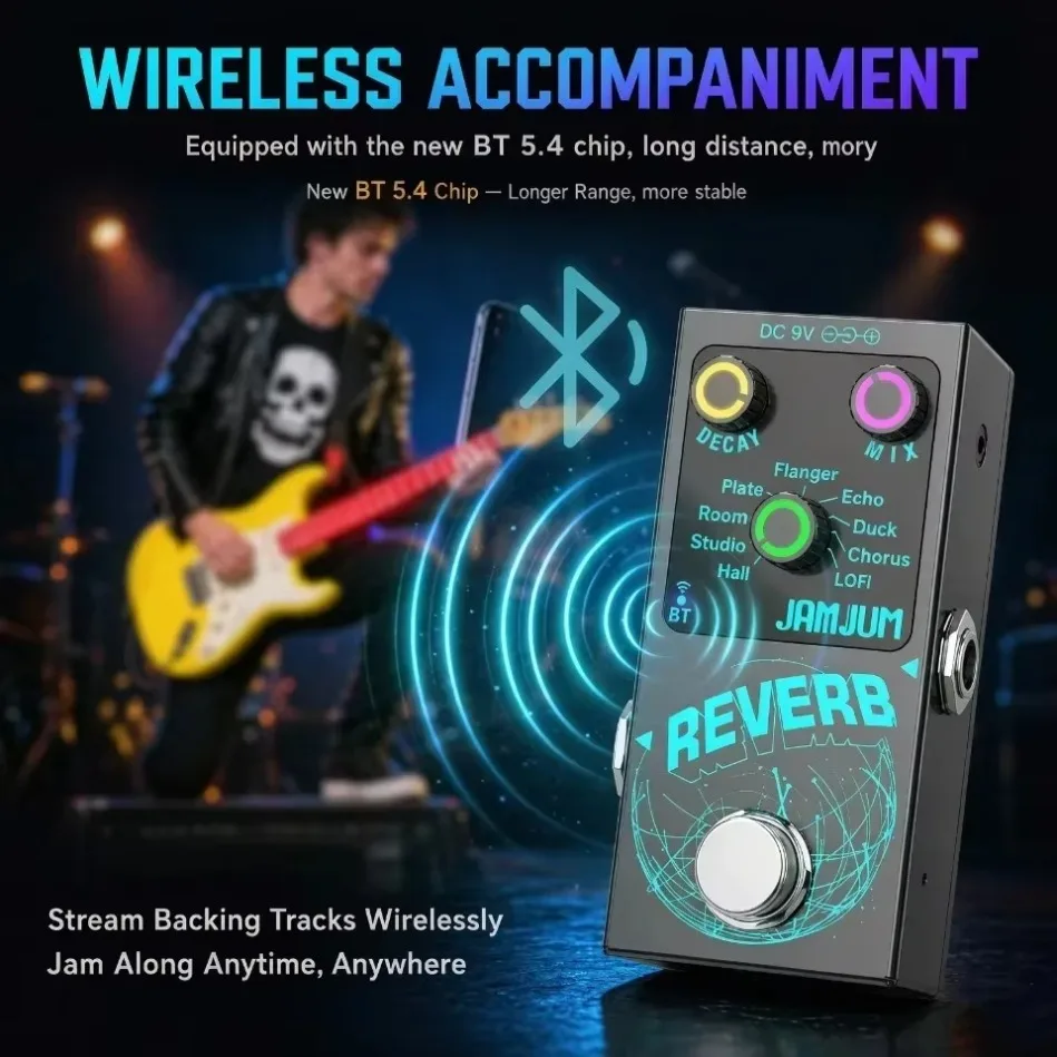 Bluetooth Guitar Effects Pedal Digital Reverb 9 Modes Wireless Backing Track Practice 6.35mm for Electric Guitar Bass Amp