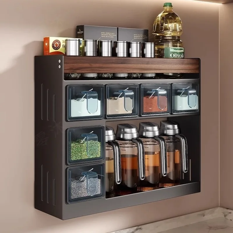 

Walnut Kitchen Seasoning Shelf Medium Antique Countertop Household Solid Wood Seasoning Salt Tank Oil Pot Storage Shelf