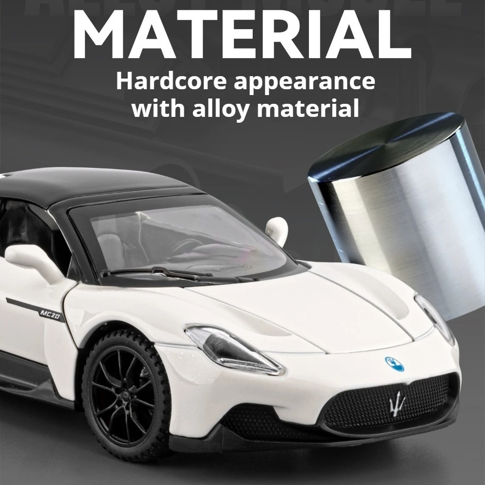 1:32 MC20 車のおもちゃ 合金ダイキャストモデル プルバック式スポーツカーモデル ライトミュージック付き ミニチュア車両 オフィスデスク飾り