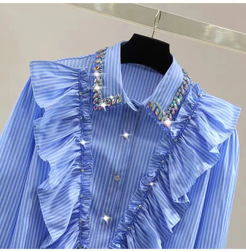 Real Photo New In 2024 Autumn Diamonds Stitch Short Shirts Blouses For Women Long Sleeve Buttons Up Stripe Ruffles Top Blusas