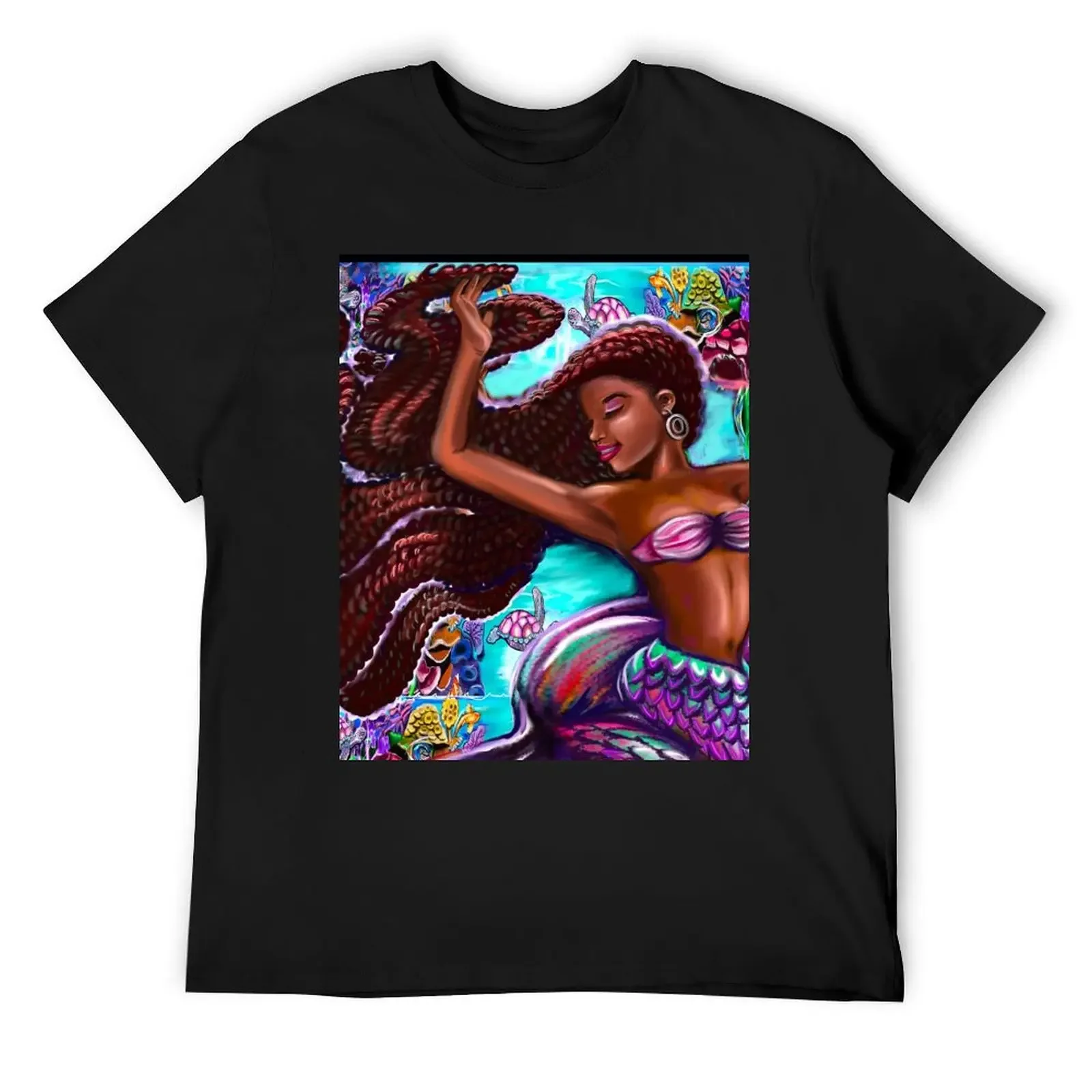 mermaid underwater with flowing red braids on a coral reef, African American Mermaid T-Shirt