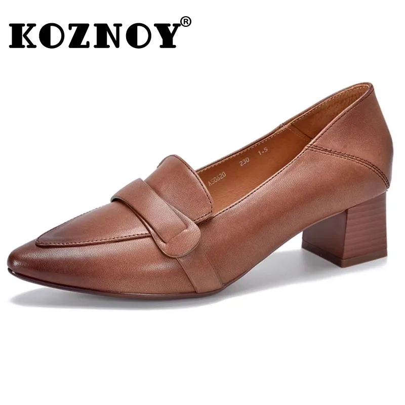 

Koznoy 5.5cm Cow Genuine Leather Pumps Point Toe British Moccasins Summer Slip on Spring Chunky Heels Women Autumn Summer Shoes