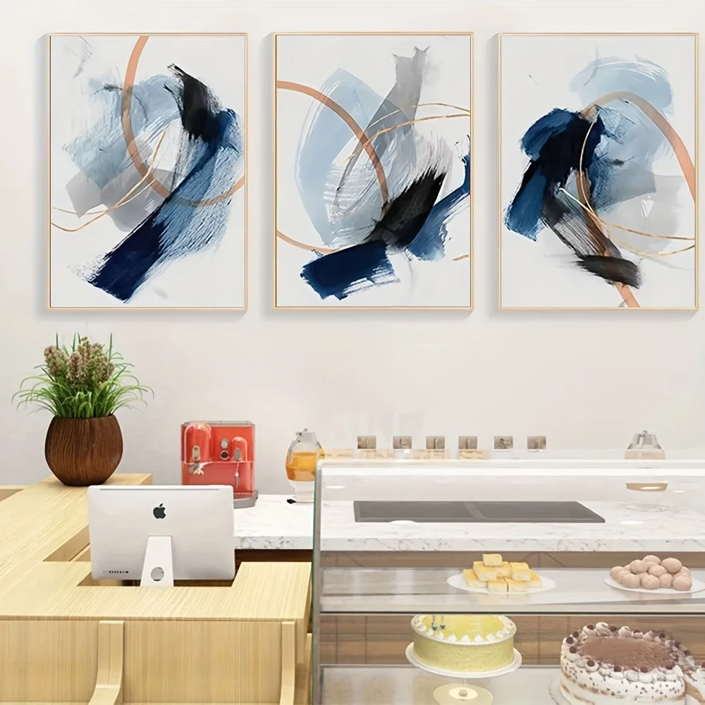 2D Flat 3pcs Unframed Set Abstract Blue Beige Retro Geometric Canvas Art Poster Wall Decoration Print for Living Room Home De