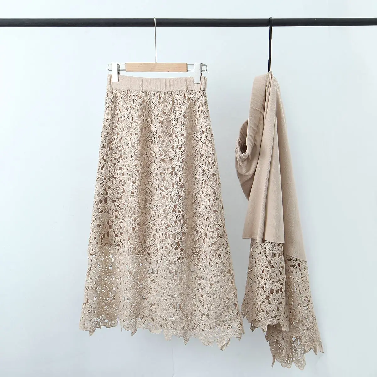 Hollow Out Lace Knit mid-length Skirt Women Autumn Winter 2023 Plus Size Casual Clothing Good Quality Vintage OL French Skirt