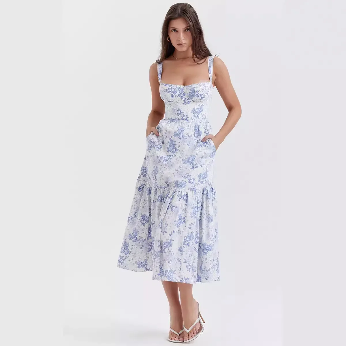 Frauen neue süße Gewürz Mädchen Wind Slip Kleid Mode quadratischen Kragen einfarbig a-Linie gebrochene Blume Kuchen Kleid Vestidos y2k