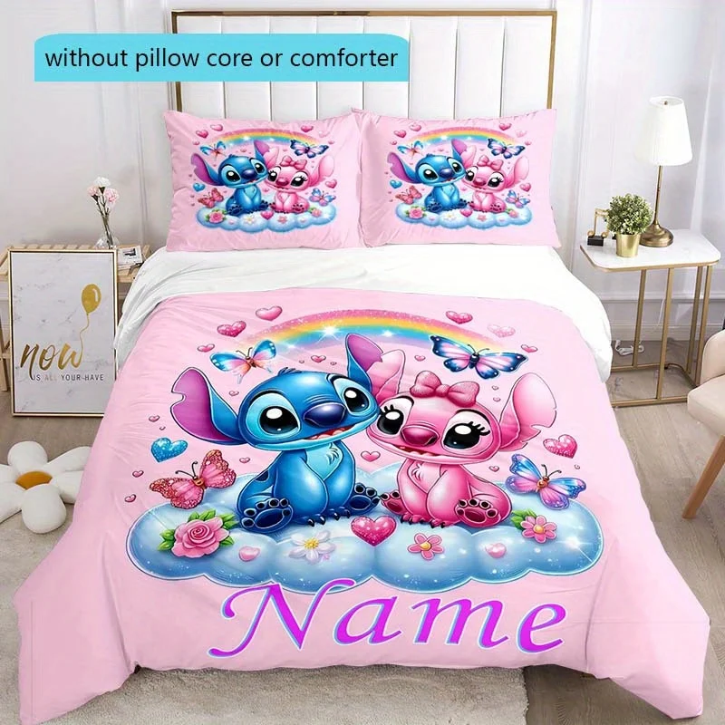 

Custom Name Stitch Cartoon Duvet Cover Set Personalized Bedding for All Seasons Includes 1 Duvet Cover & 2 Pillowcases Bedroom