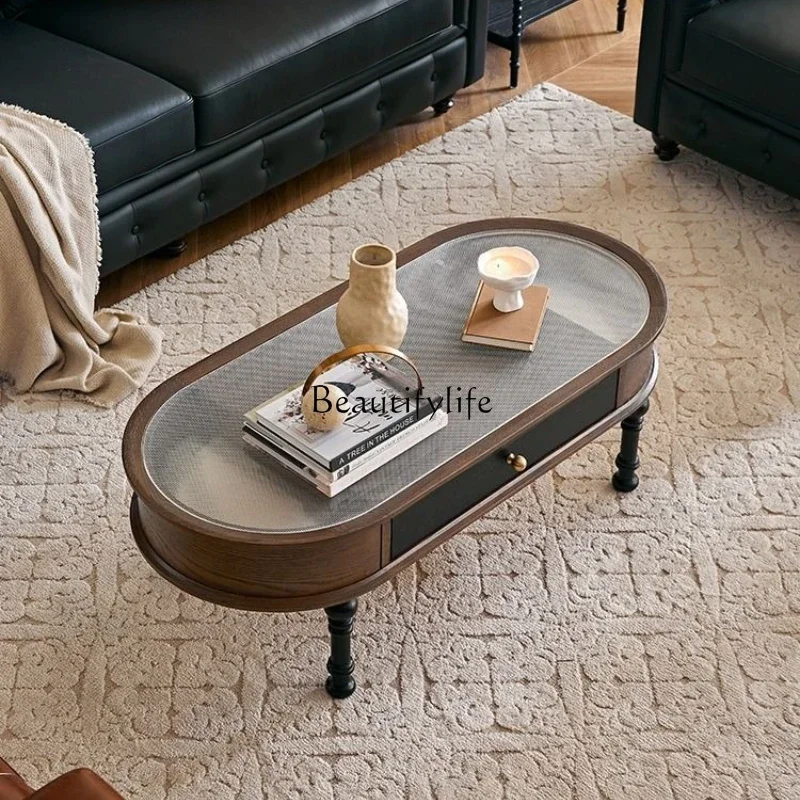 

ls 51French retro solid wood coffee table movable small apartment living room medieval furniture glass coffee table