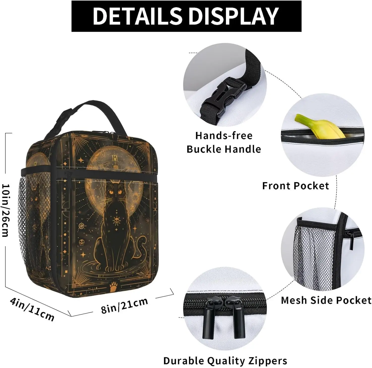 Insulated Lunch Box for Girls Men Boys Women Cat Lunch Box for Work Picnic Polyester Tarot Black Cat Theme Lunch Bag