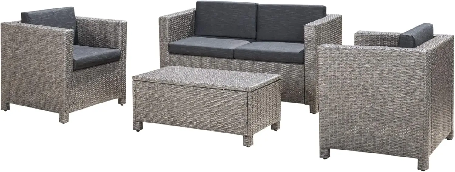 

Puerta Outdoor Wicker Sofa Set, Black Two (2) Club Chairs, One (1) Loveseat, and One (1) Table