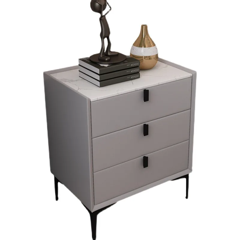 Modern Style Faux Leather Bedside Tables Solid Wood Bedroom Nightstands with 3 Drawers Rock Surface Side Cabinet