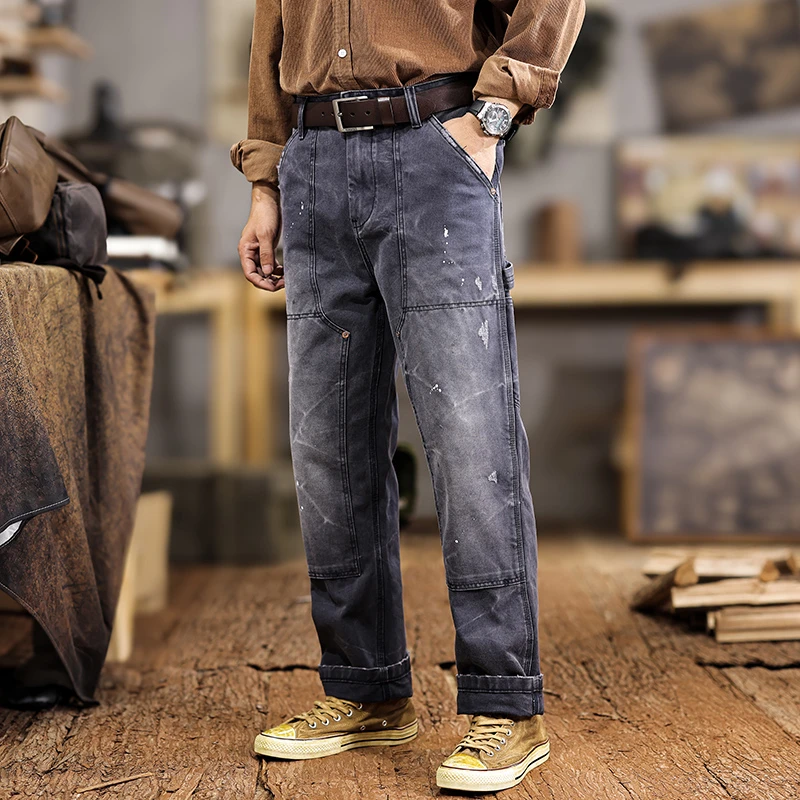 American Streetwear Vintage Work Pants Męskie spodnie z nadrukiem w trudnej sytuacji, sprane i rozpryskane, codzienne spodnie ciężkie spodnie z prostymi nogawkami