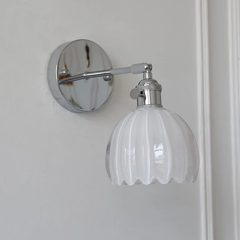 Chrome Stylish Iron Art Glass Flower Wall Sconce with Adjustable Arm and Switch for Home Deco Contemporary Interiors Wall Lights