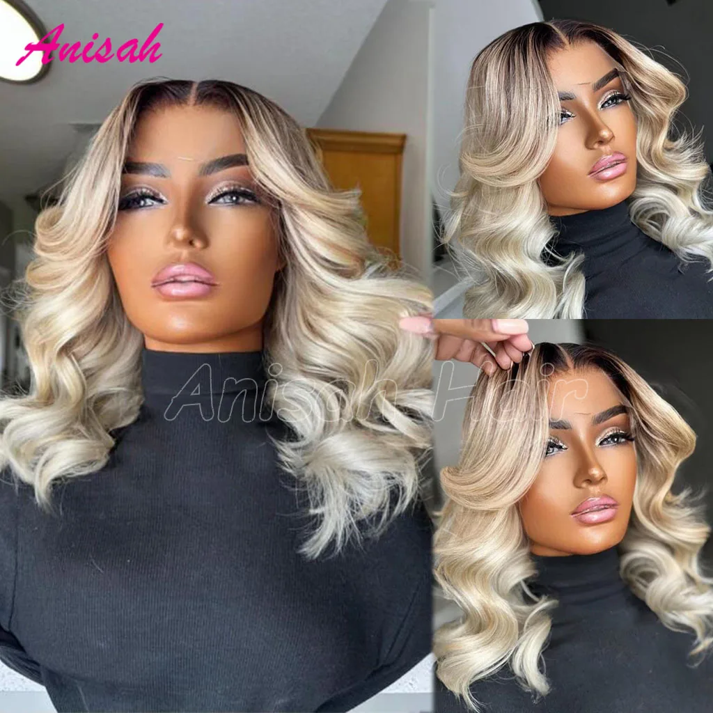 Platinum Ash Blonde Colored Lace Closure Wig Glueless Short Wavy Pre Plucked 13x4 HD Transparent Lace Frontal Wigs For Women