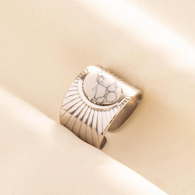 2024 New Vintage Natural Stone Ring for Women Men Silver Color Metal Trendy Geometry Rings Jewelry Water Proof Stainless Steel