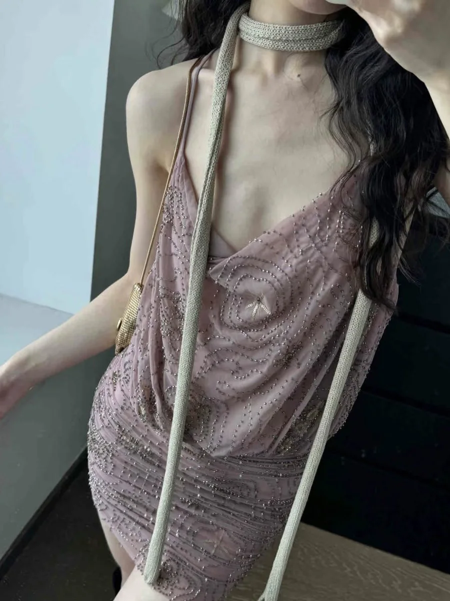 

Pink Beading Mesh Mini Dresses Women Swinging Collar Sleeveless Folds Sheer Suspender Dress Summer Sexy Fashion Party Vestidos